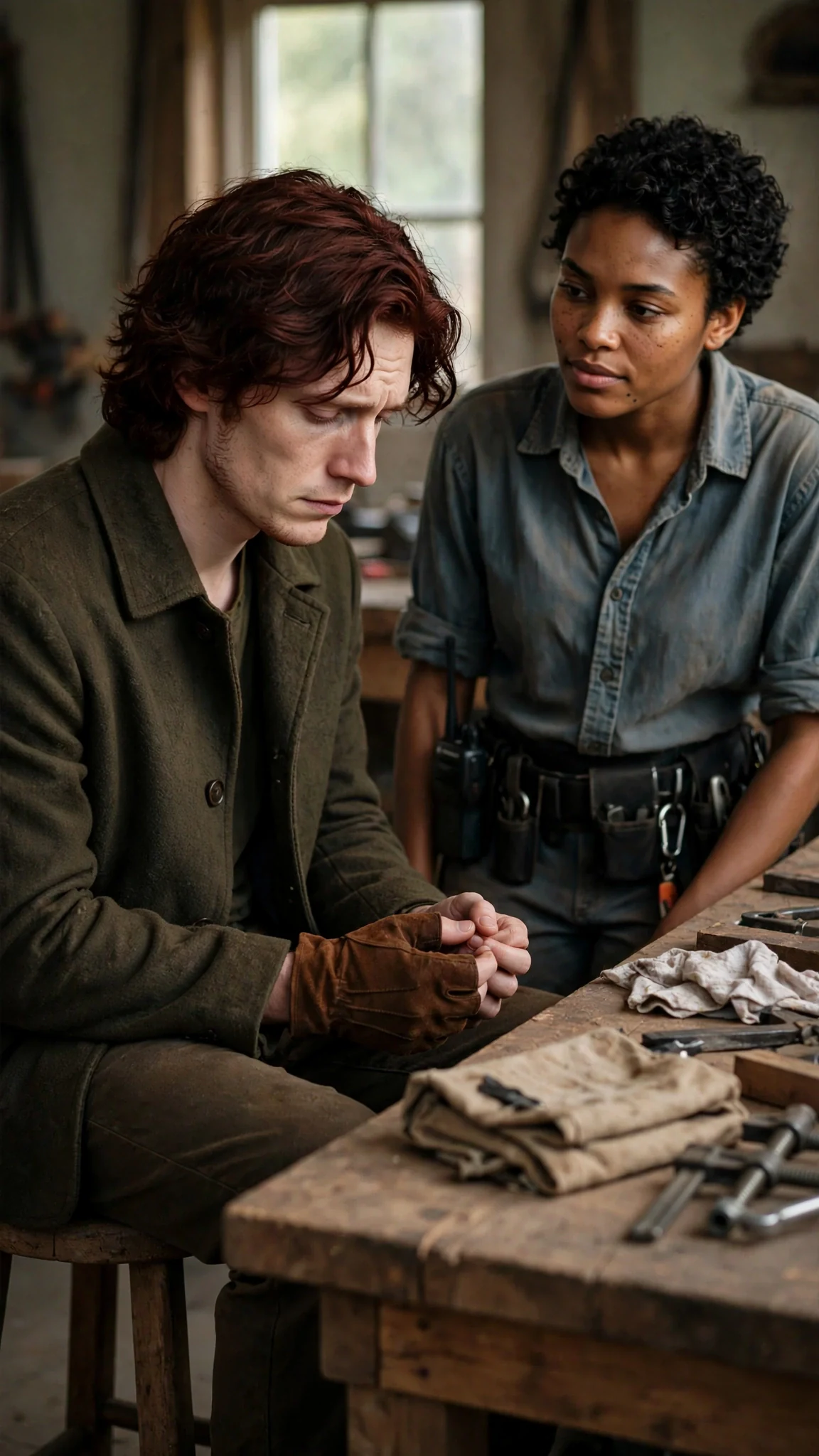 The red-haired man looks down at his hands, grief tight on his face.