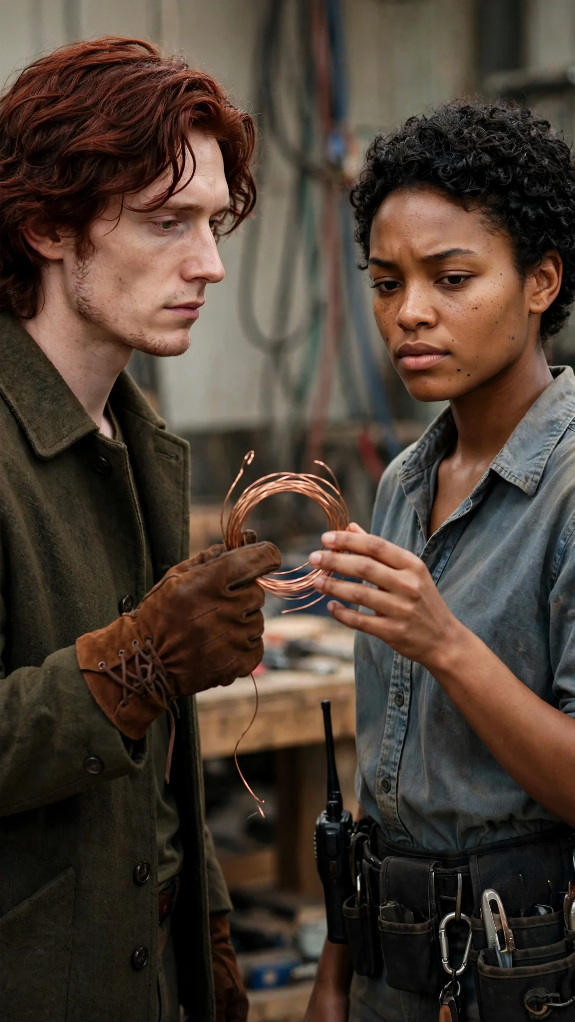 He holds out a loose coil of copper wire and her cold fingers reach for it.