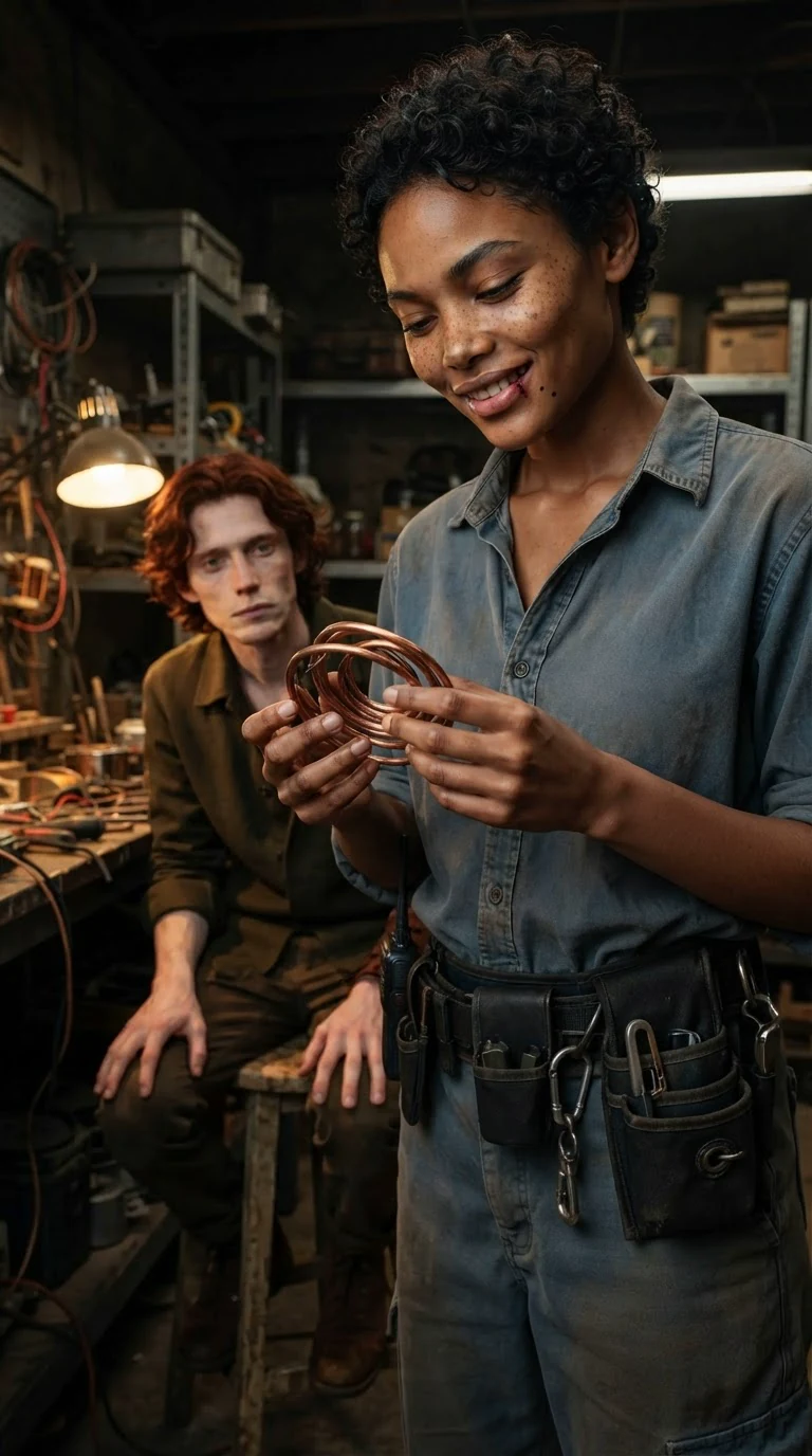 The woman looks down at the coil in her hands, one side of her mouth moving.