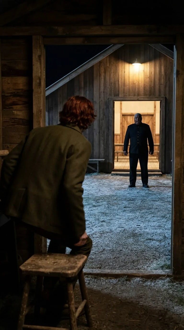 A heavy Alpha's silhouette in the lit hall doorway calls out across the yard.