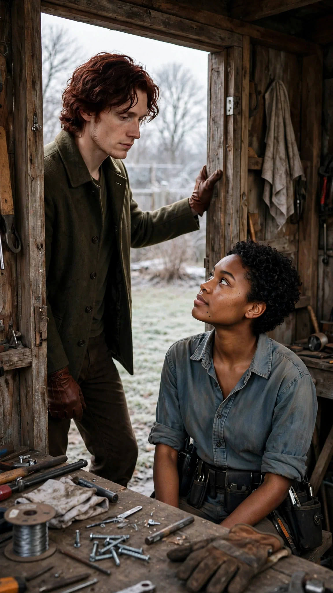 The red-haired man stops at the shed door and looks back at the woman at the bench.