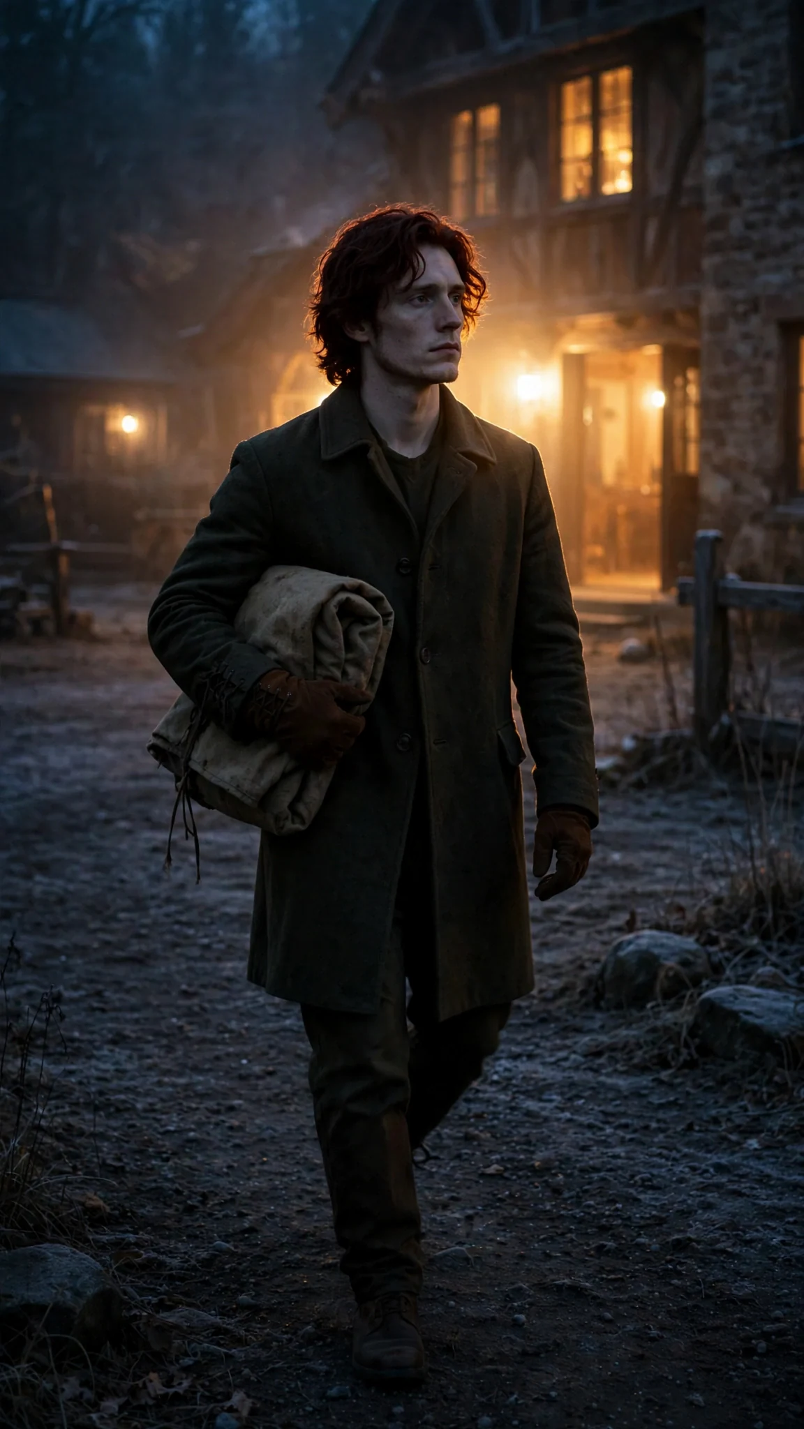 The red-haired man walks back across the dark yard toward the lit hall, thinking of her.