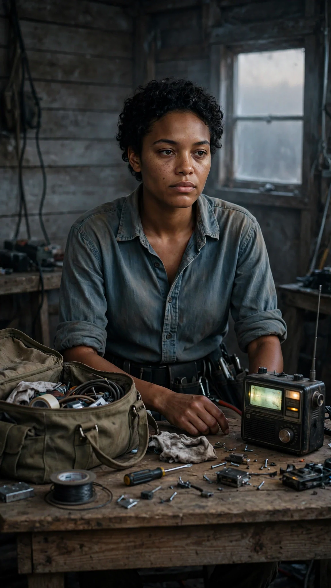 A young woman with short dark curls sits at a workbench in a cold shed at dawn, a hissing radio beside her.