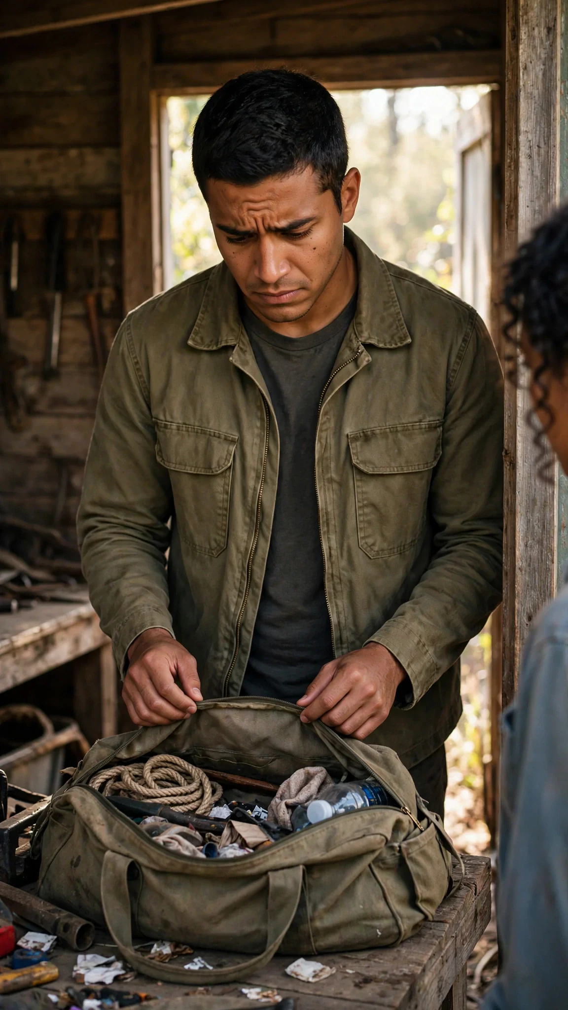 A broad young man in a work coat stands in the shed doorway, staring at an open travel bag.