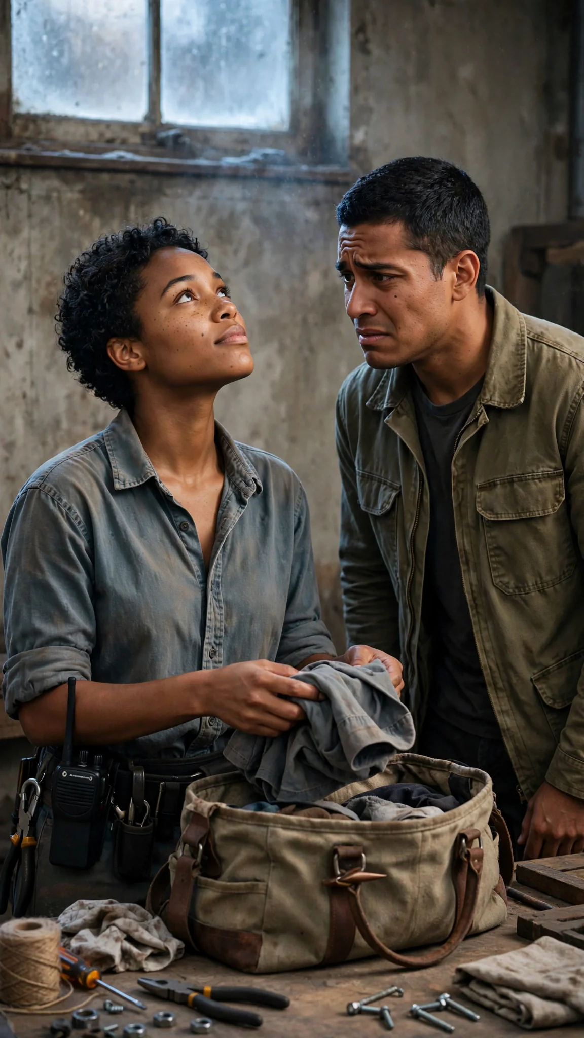Nova folds a shirt into the bag without looking up while Piet stands close, arguing.