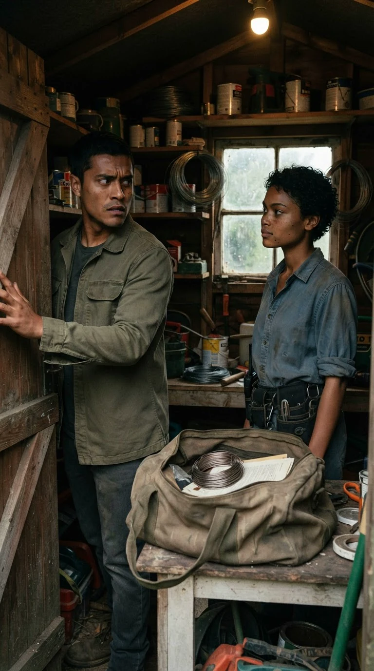 Piet shuts the shed door behind him and turns to his sister, angry and scared.