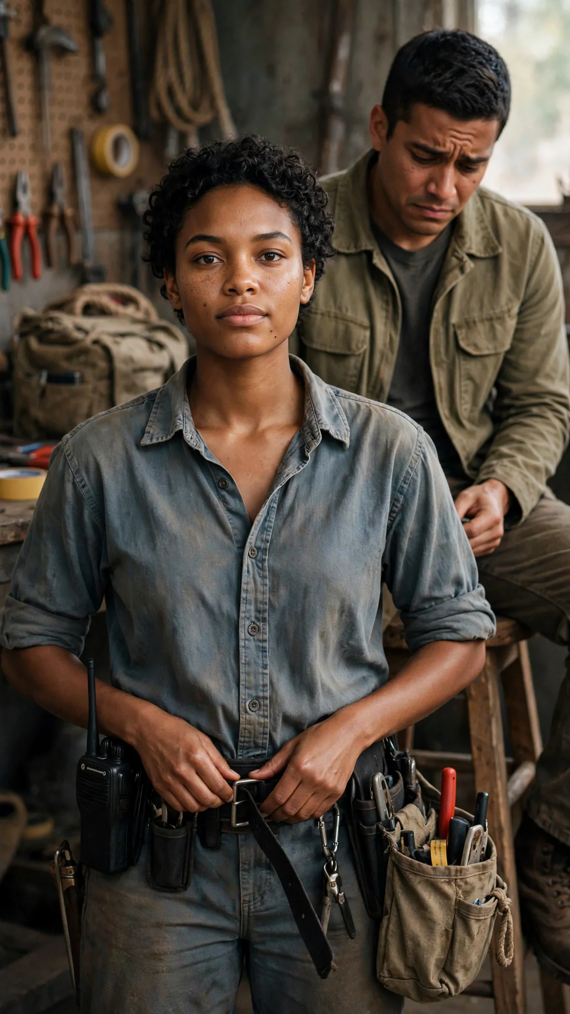 Nova ties her tool belt tight while her brother watches from the stool.