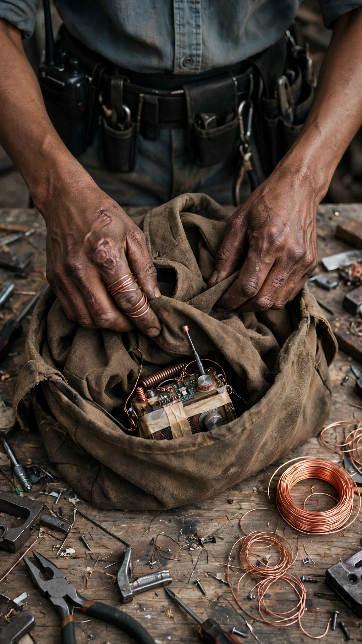 Nova's hands pack a small homemade radio and a folded worn coat into the bag.