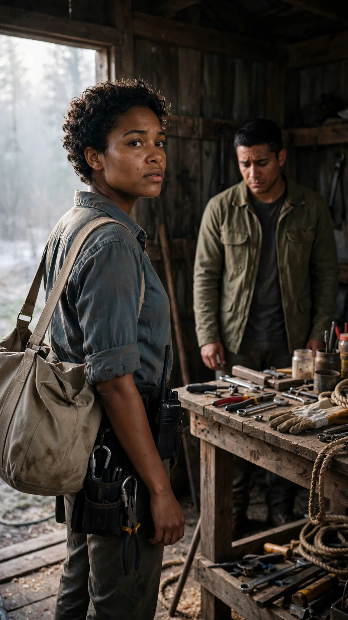 Nova stands at the shed door with her bag, looking back once at her brother.