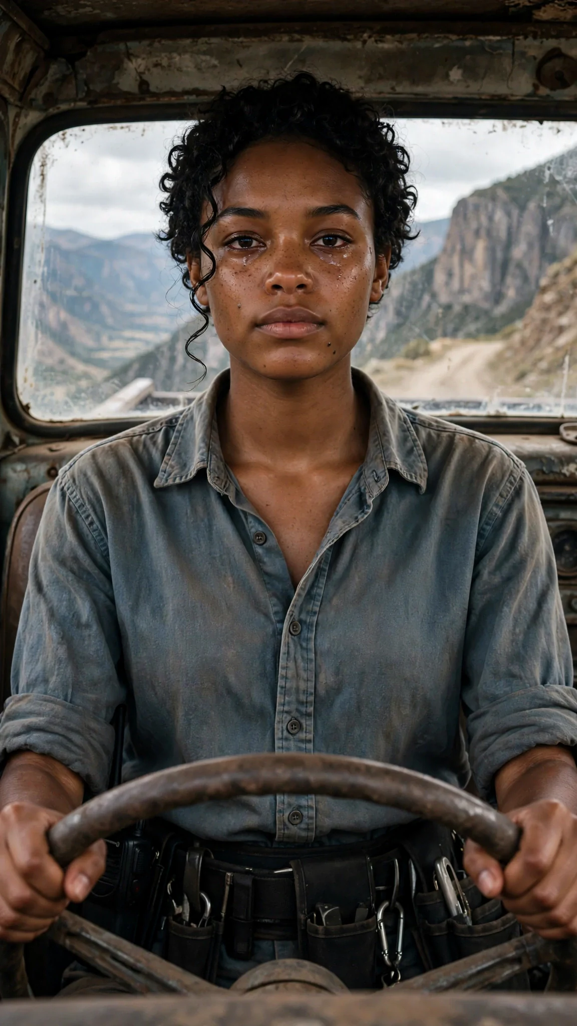 Nova in the truck cab on the ridge road, hands on the wheel, staring forward.