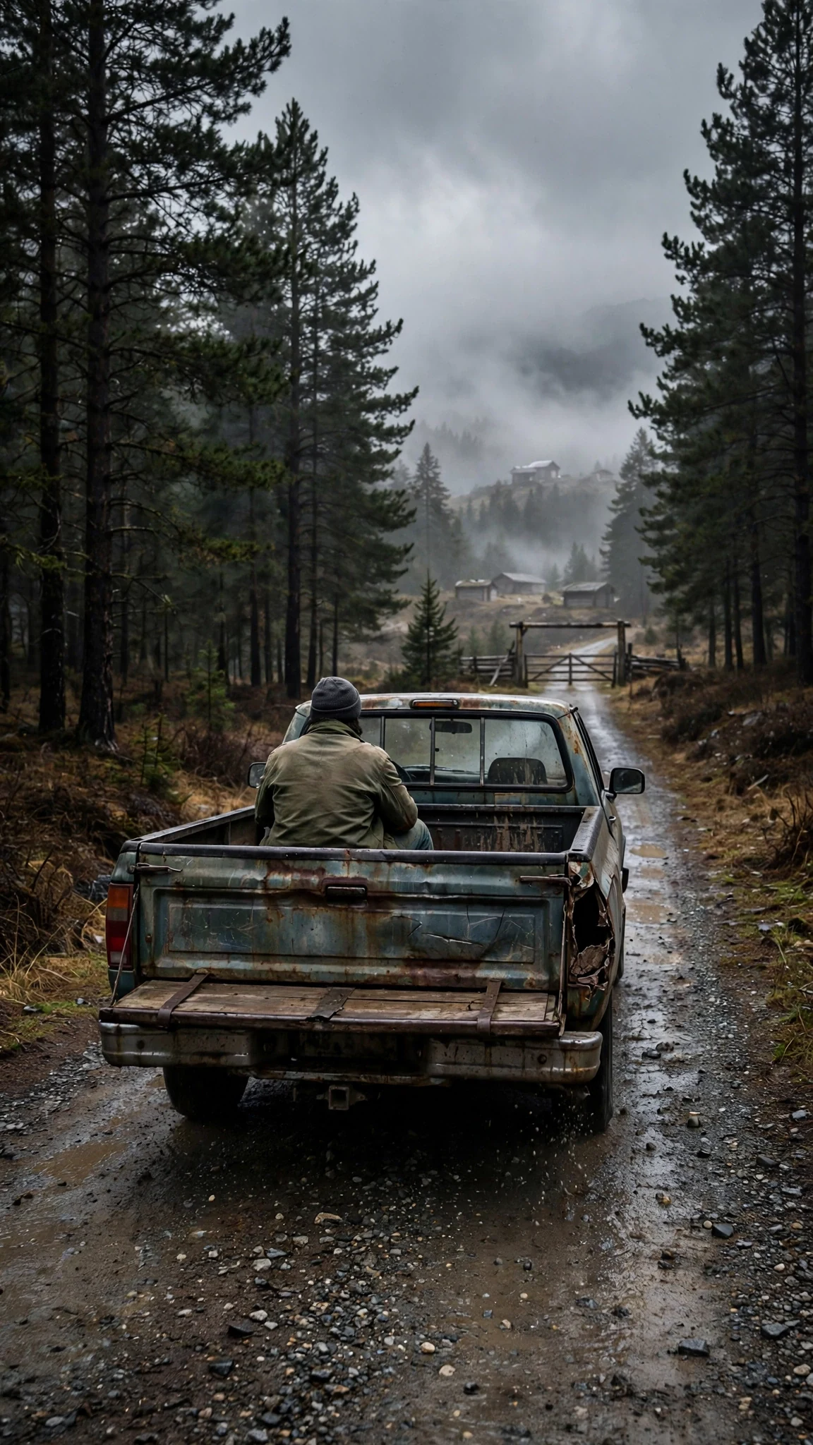 The old truck moves down a narrow storm road, the pack ridge shrinking far behind it.