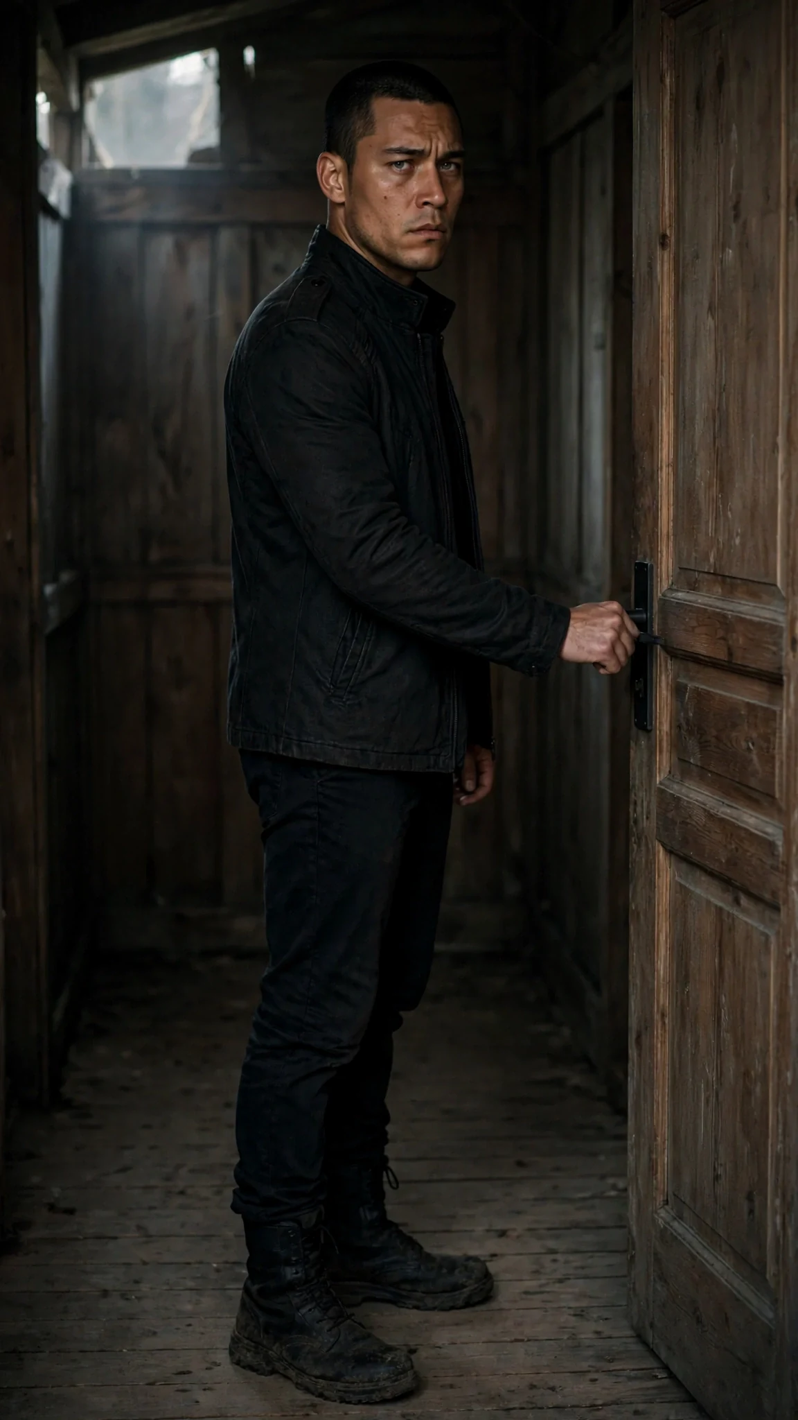 A tall man in a dark jacket stands at a plain door in a dim wooden hall at dawn.