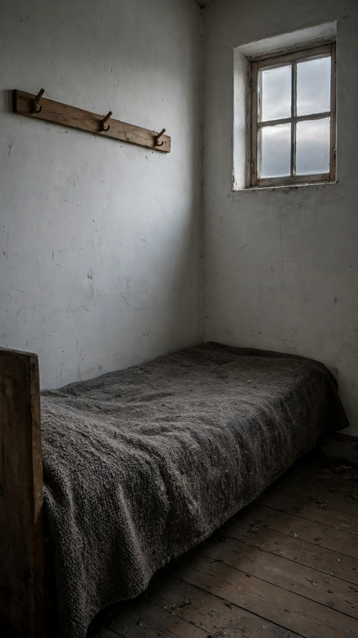 An empty small room with a tightly made narrow bed and bare hooks on the wall.