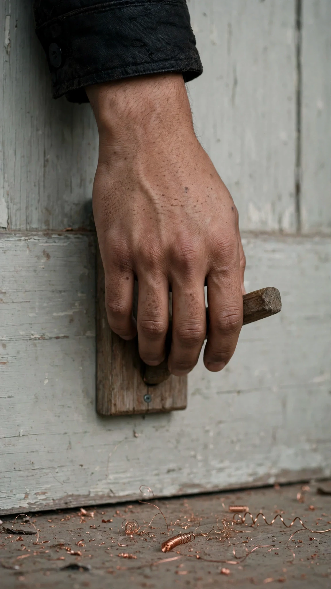A man's hand touches an empty hook while copper shavings lie on the swept floor.
