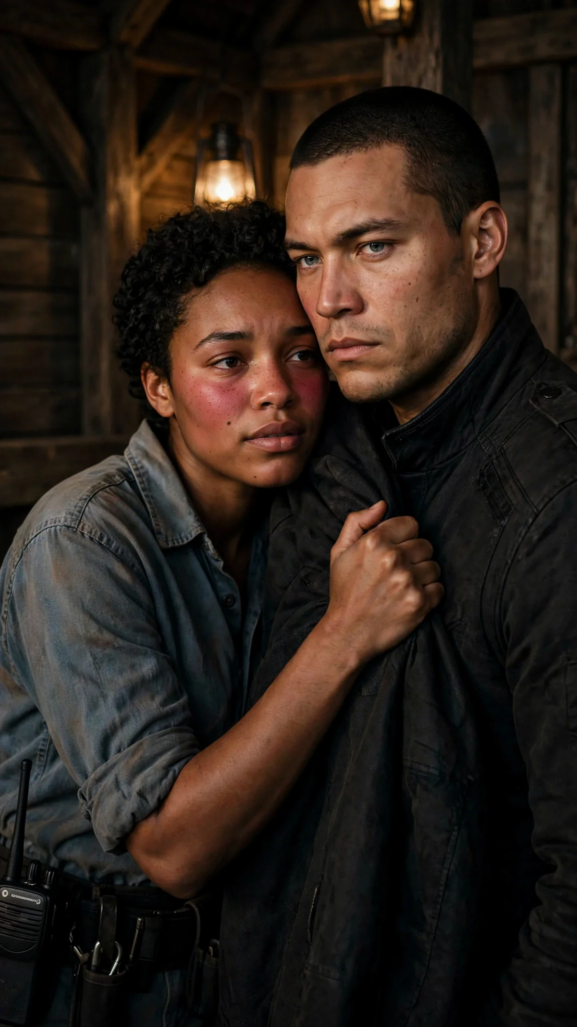 A memory of a woman with short dark curls pressed close to a man in a dim tower.