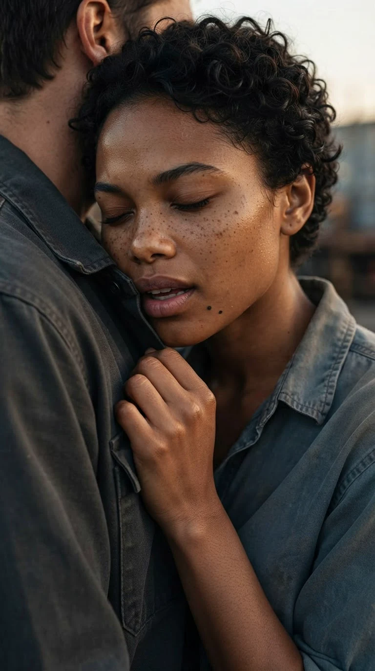 Close on the woman's face, eyes shut and mouth open against a man's shoulder.