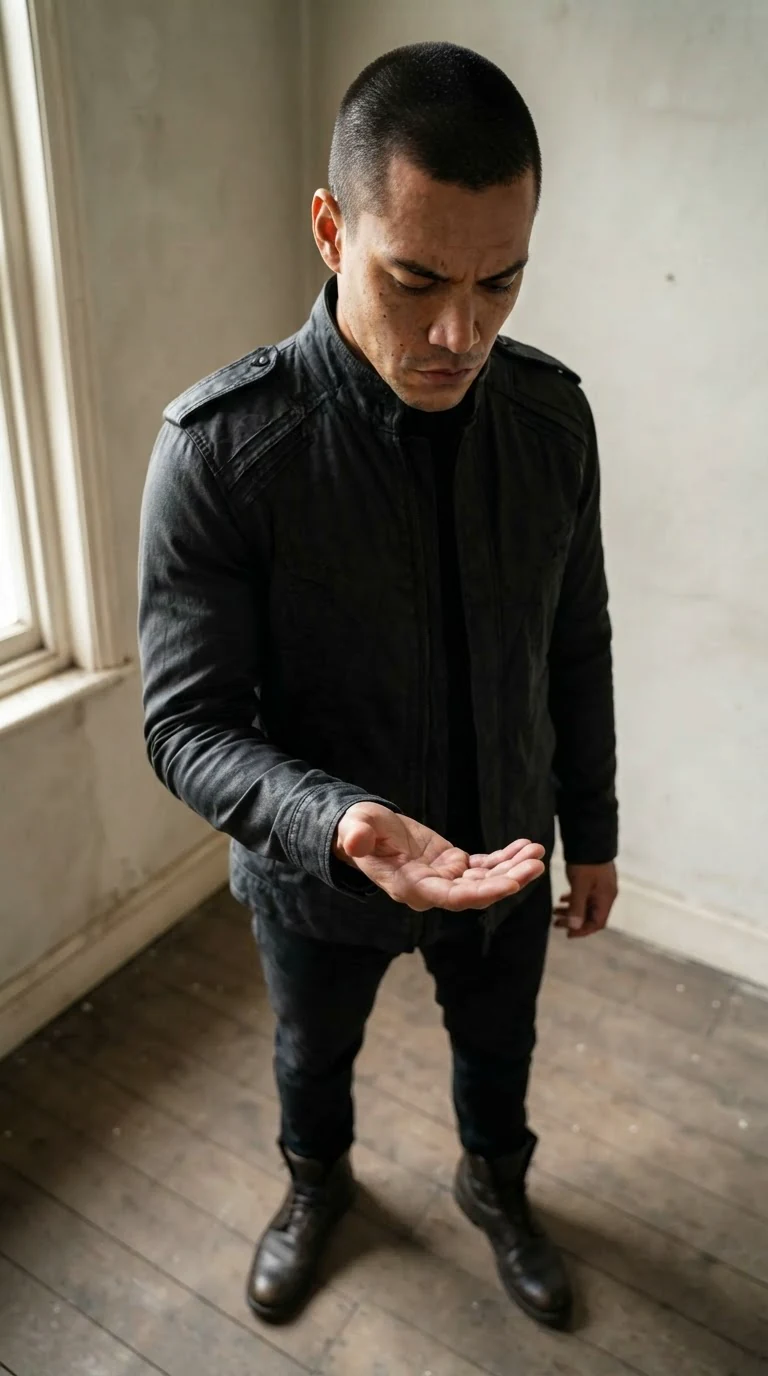 A man stares at his own hand in the empty room, remembering.