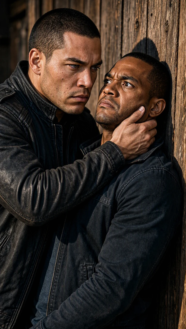 A man grips another man's jaw and slams his head against the wooden wall.