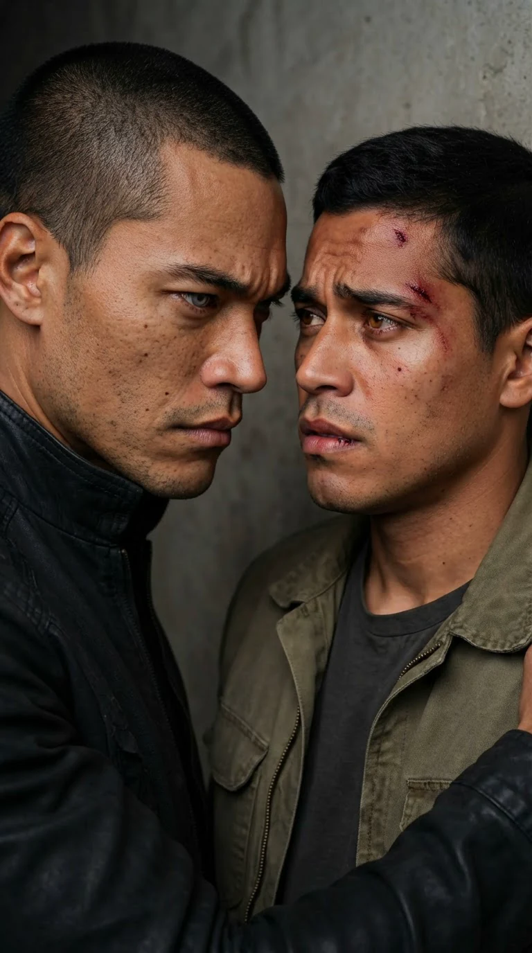 Two men face to face, one pinned, one furious.