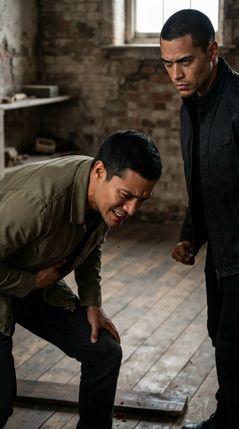 A man folds over a fist to the stomach, blood dripping to the floorboards.