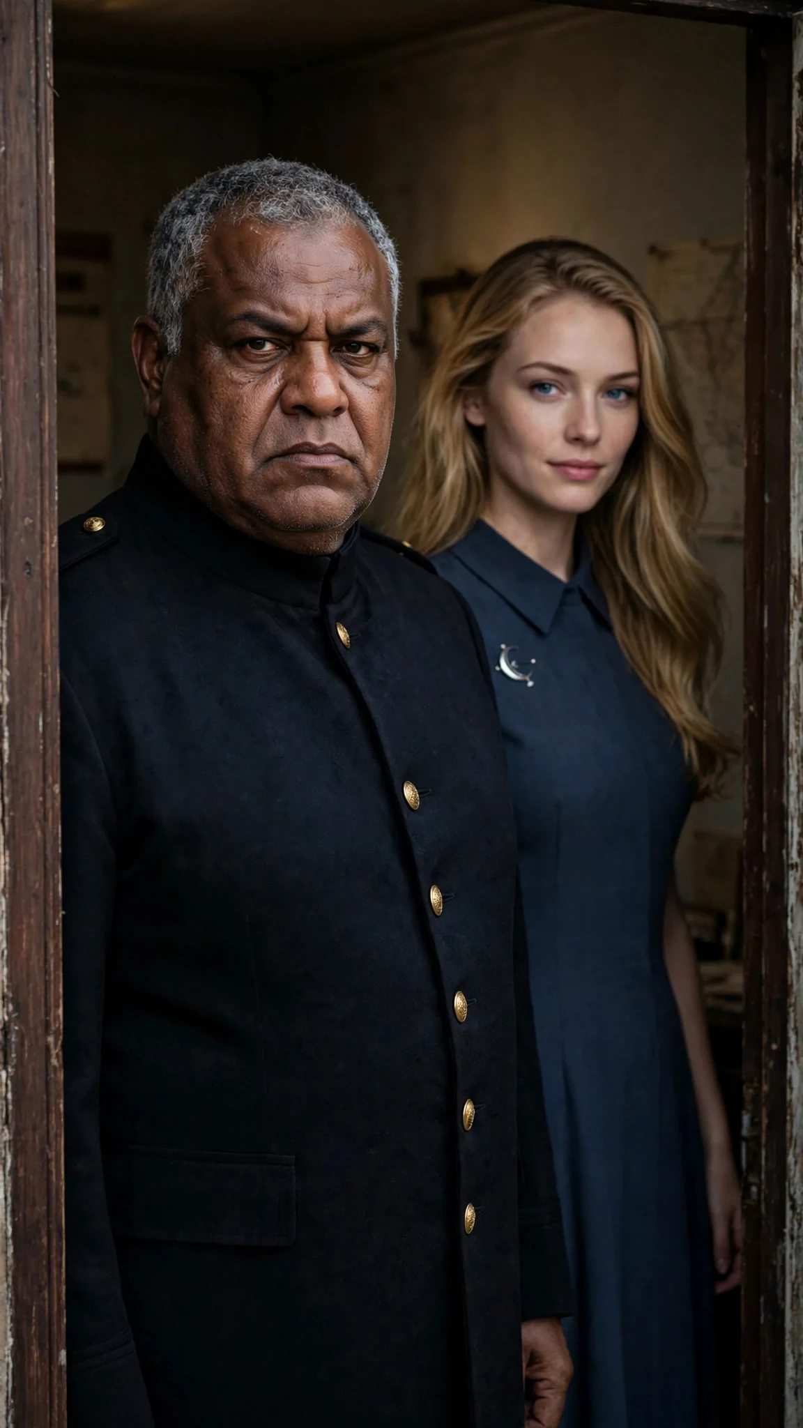 An older Alpha in a formal coat fills the doorway with a blonde woman behind him.