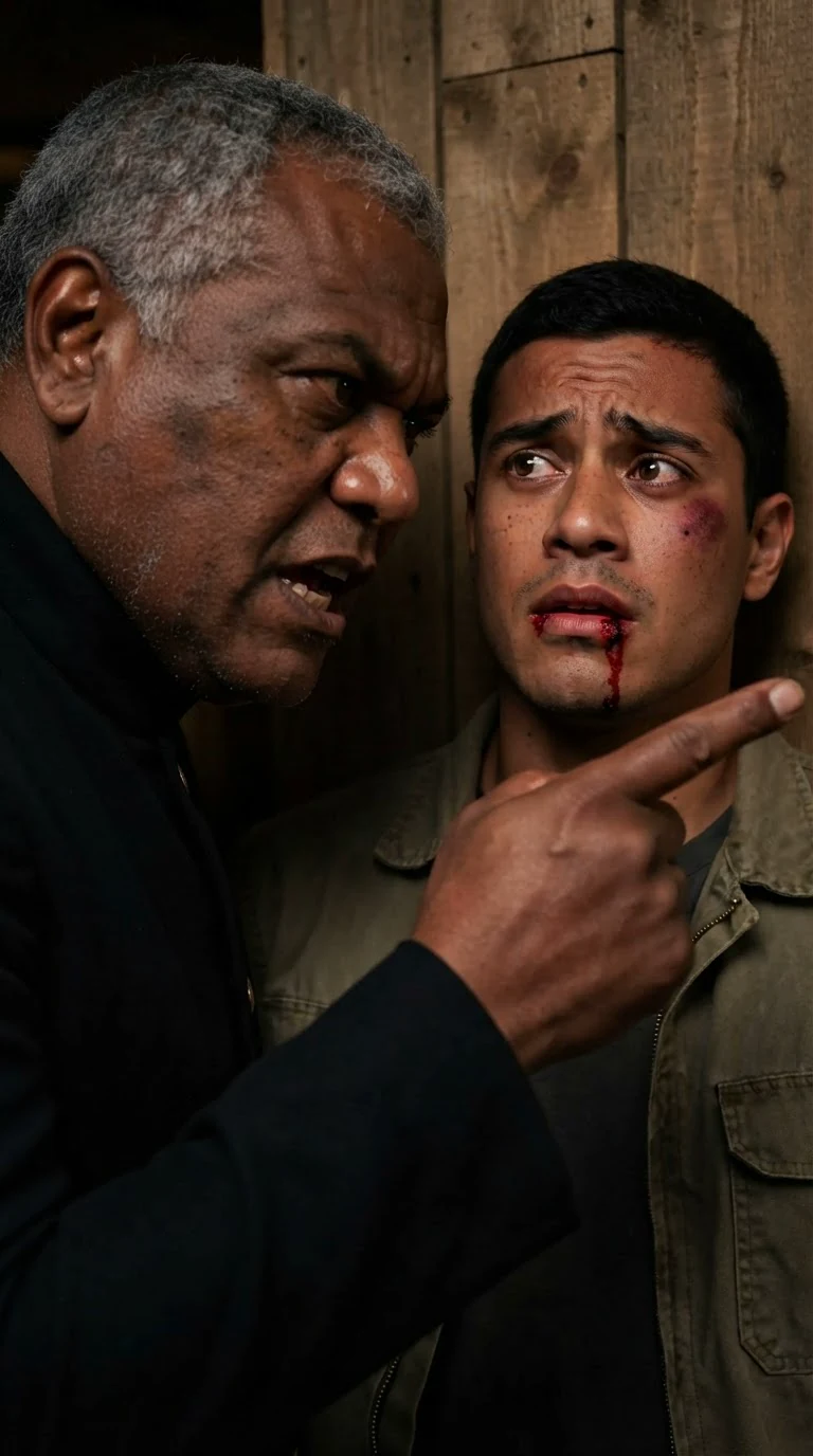 The old Alpha points a thick finger while the bloodied man against the wall believes him.