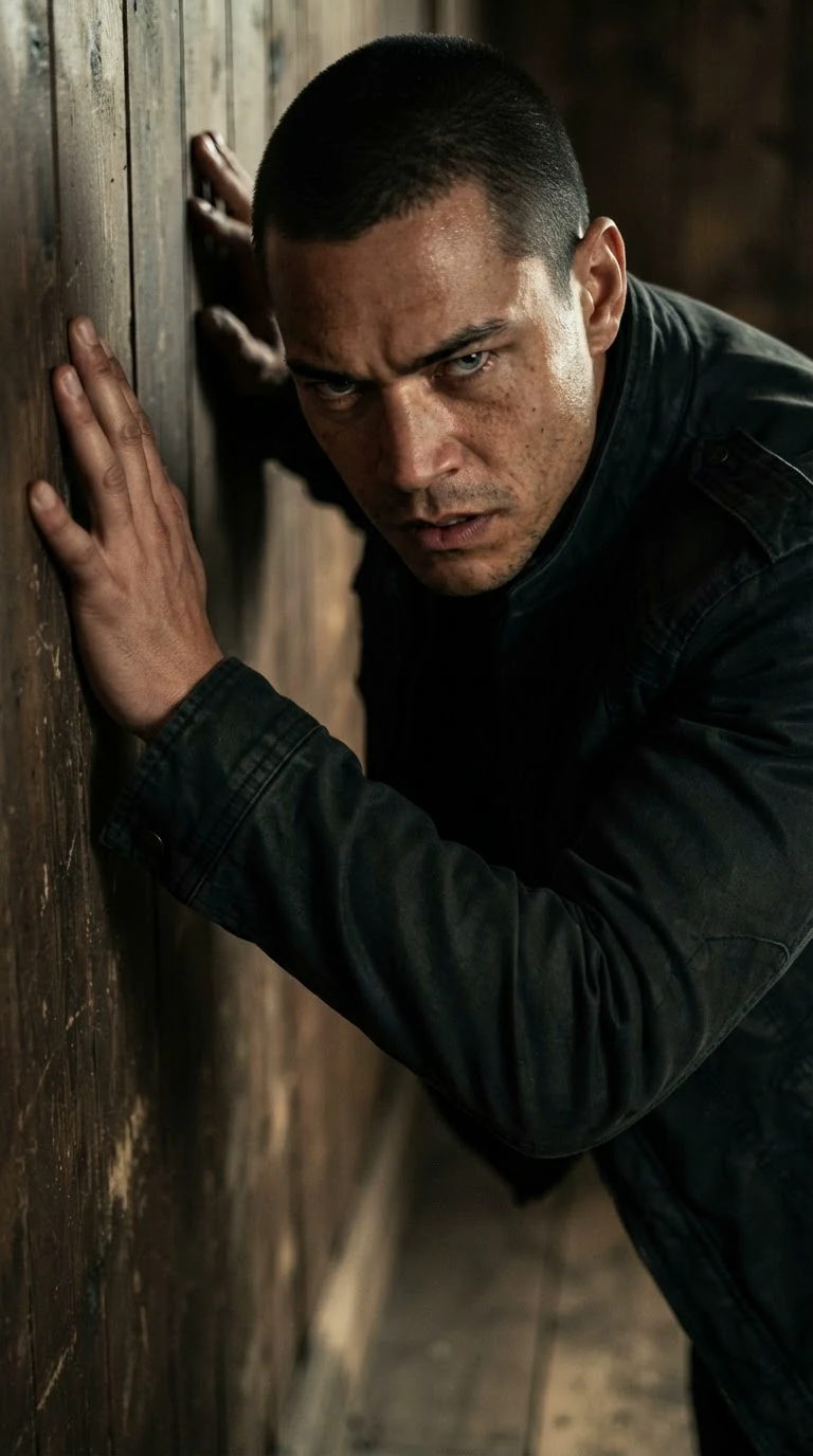 A man braces one hand on the wall, chest tight, eyes distant.