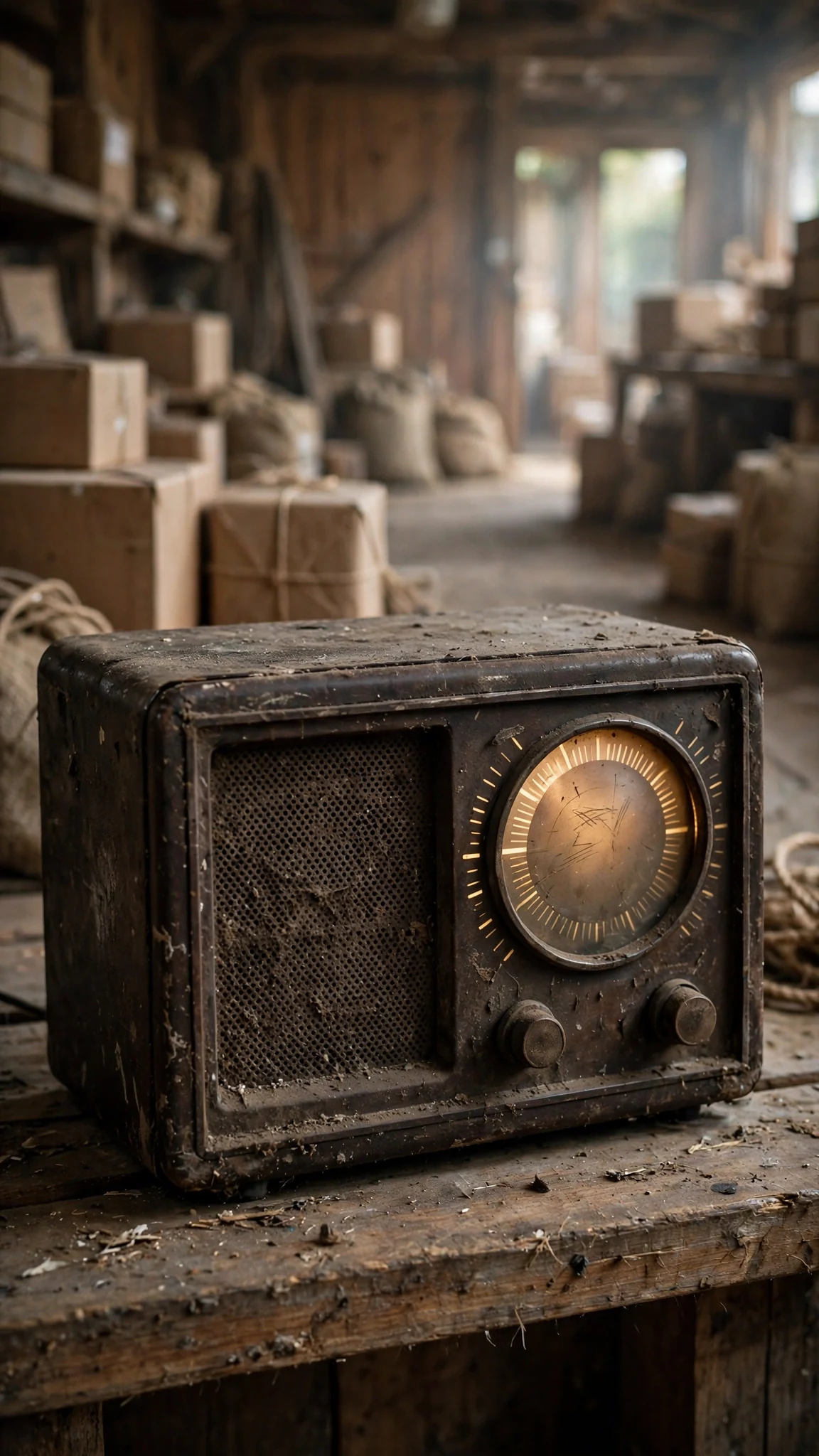 An old radio on a hall shelf crackles, static light on the wall.