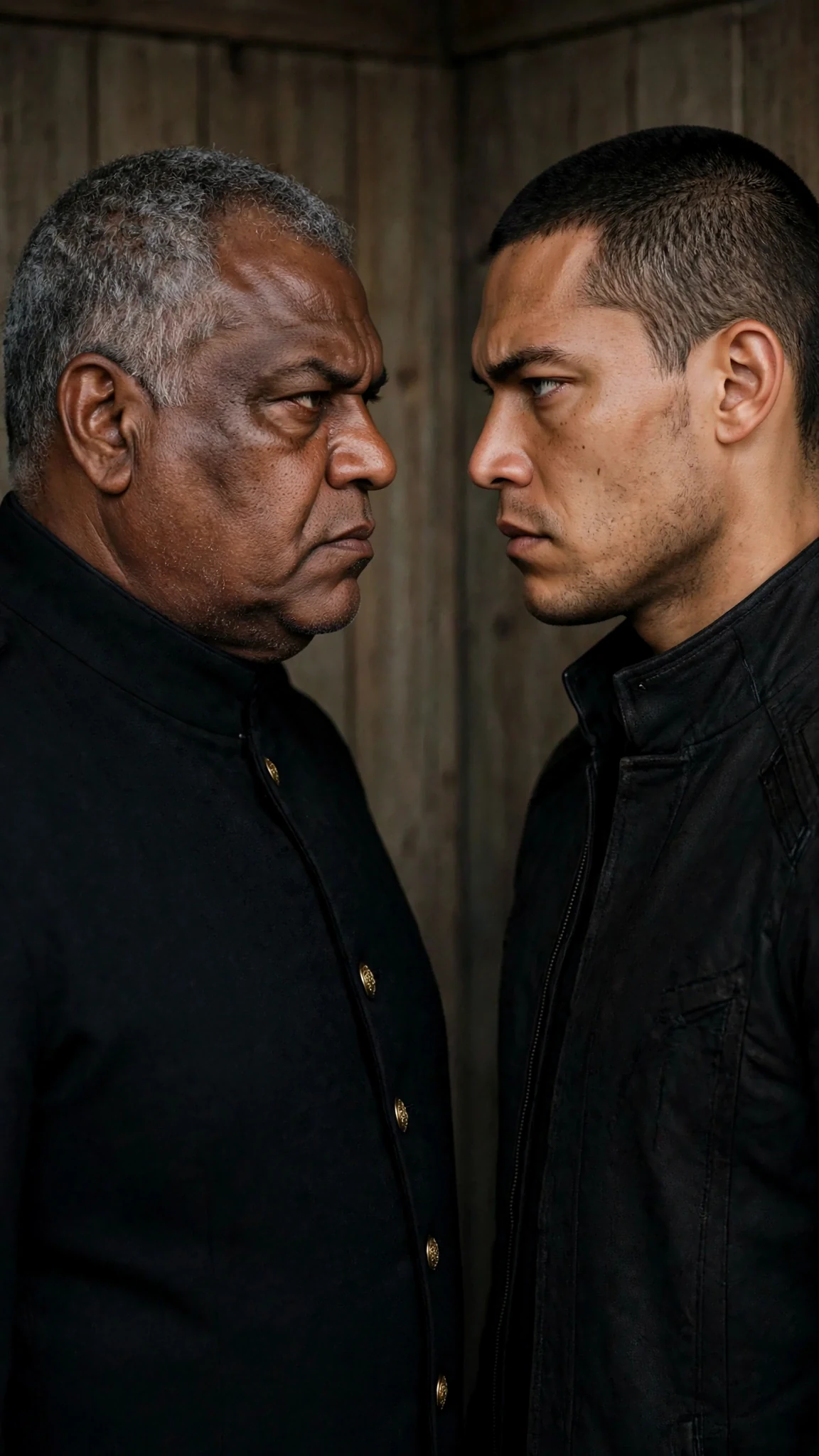 Father and son face each other in the hall, both furious.