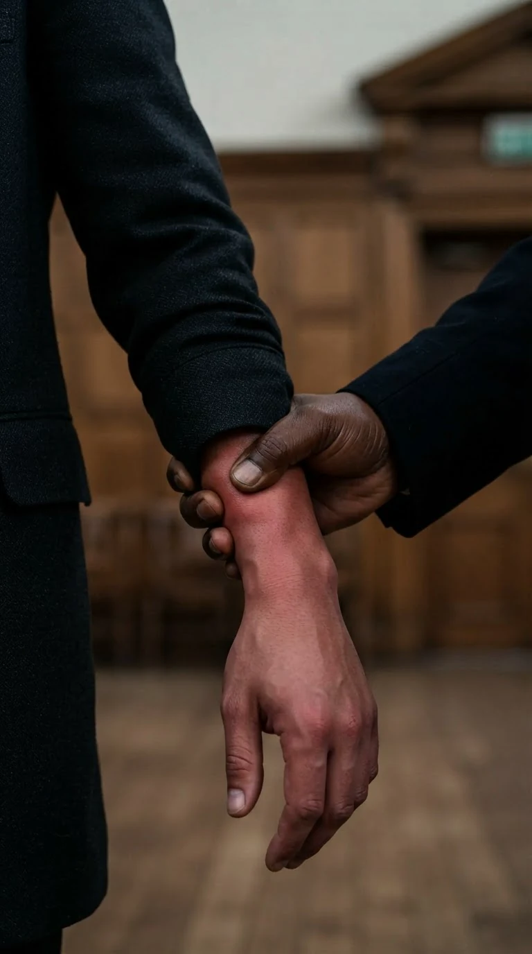 An old man's hand grips a younger man's arm hard, red marks rising.