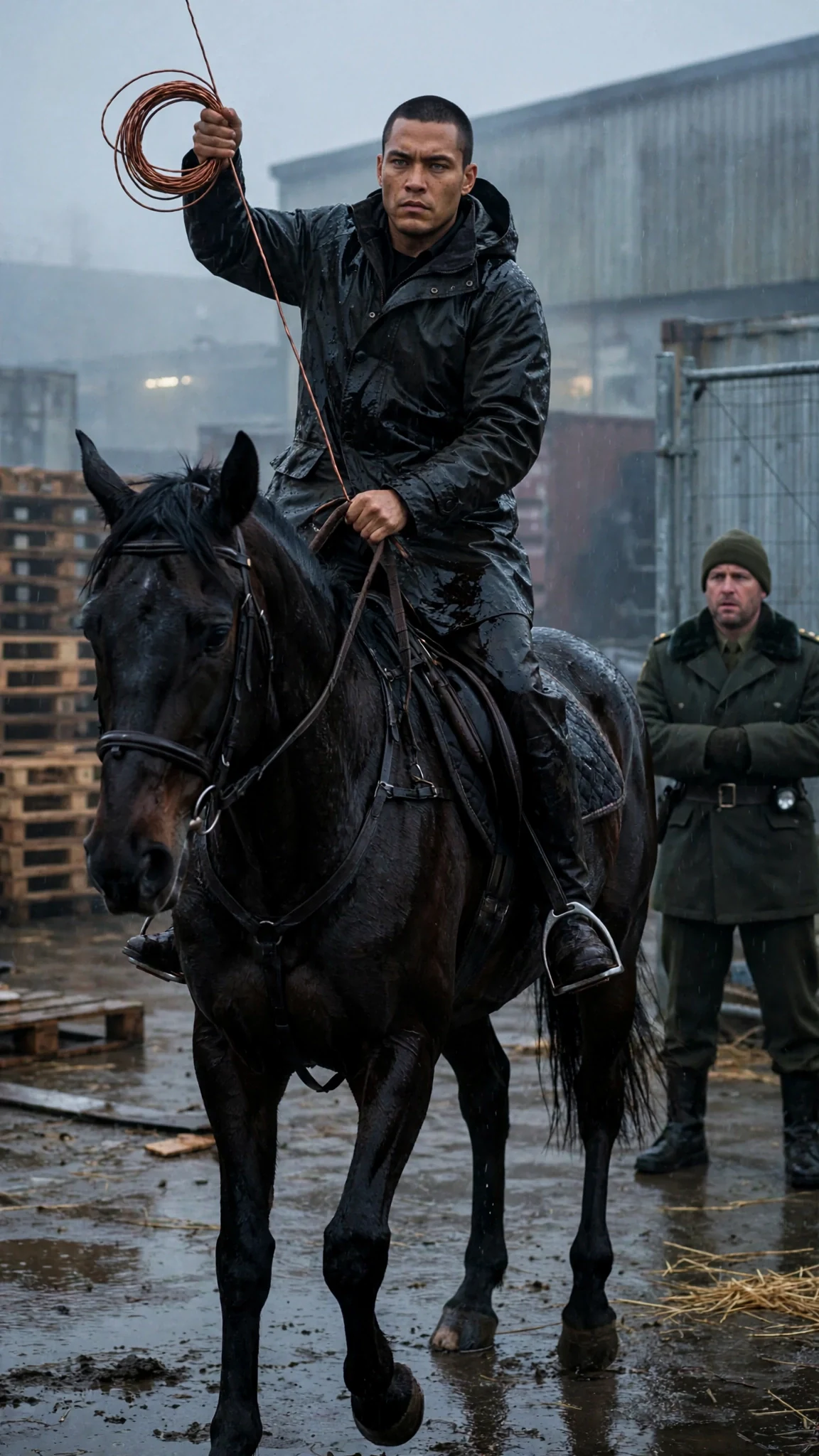 A man swings onto a horse in a cold yard, a coil of wire in his hand.