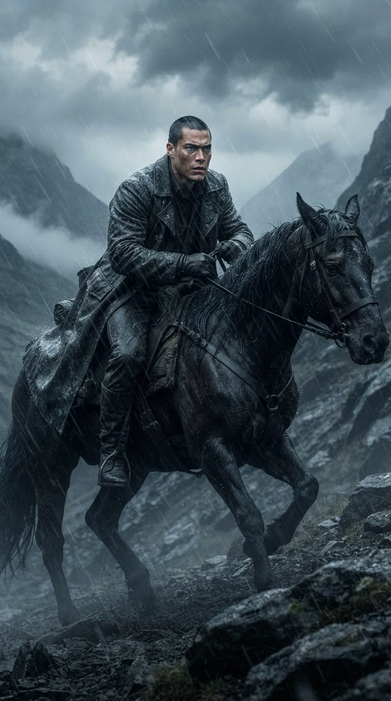 A lone rider pushes a horse up a black mountain pass as sleet strikes.