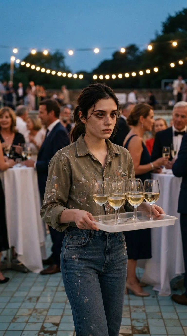 A young woman in a paint-stained work shirt carries a tray of wine glasses through a lit outdoor pool party at dusk.