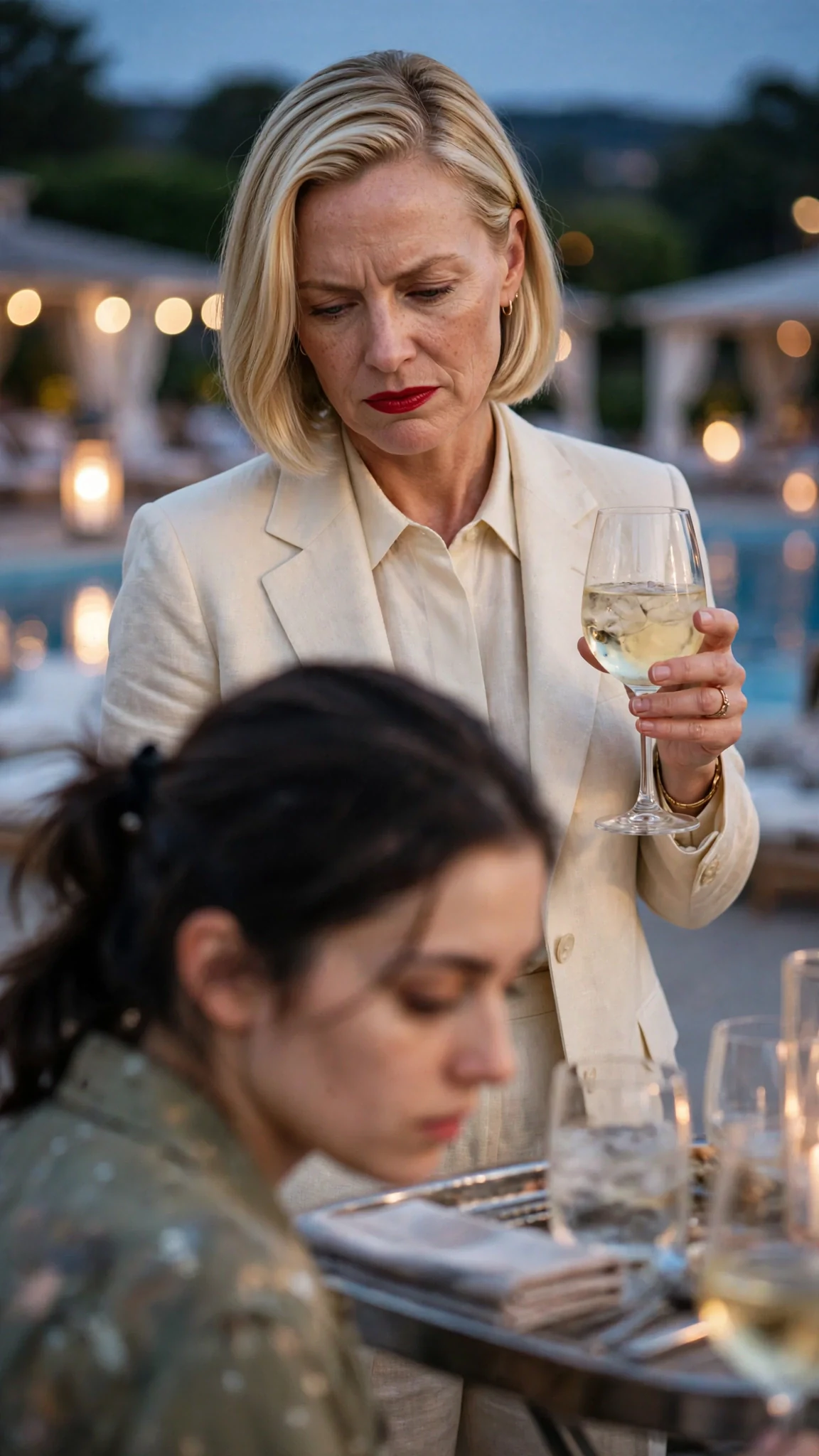 A polished blonde woman in a cream suit looks down at the heroine with open contempt.