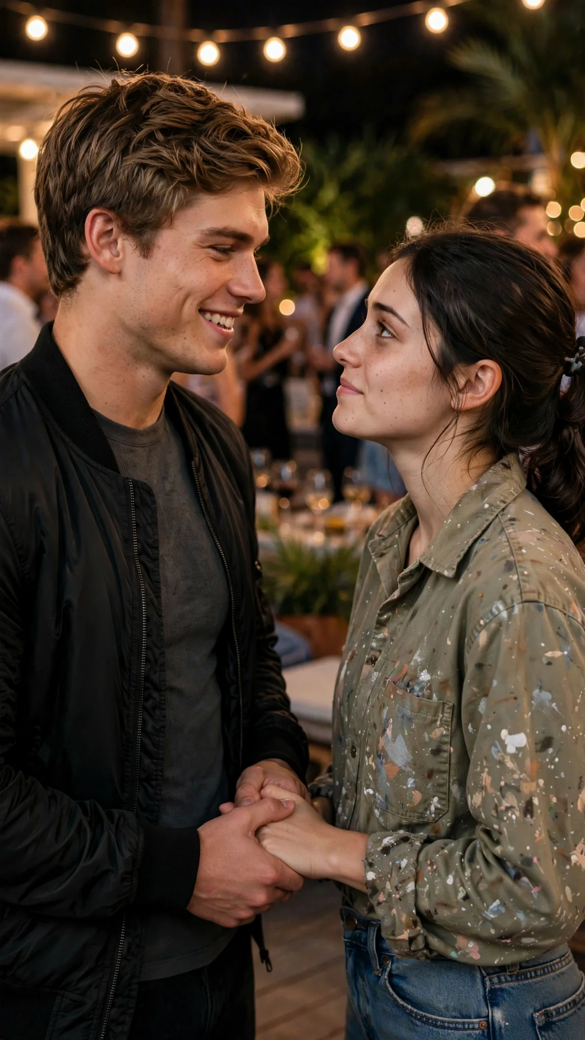 A gym-fit young man in a bomber jacket reaches for the heroine's hand, grinning.