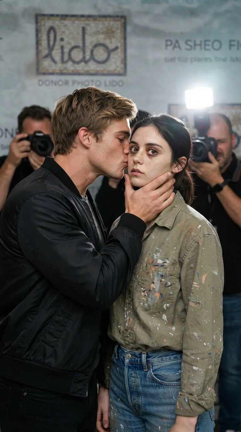 The young man kisses the heroine in front of a donor backdrop while camera flashes fire.