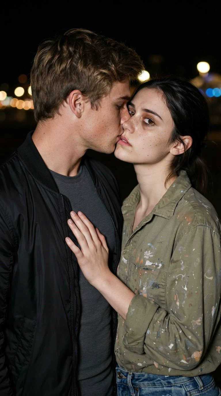 Close view of the heroine being kissed, her eyes open and unhappy.