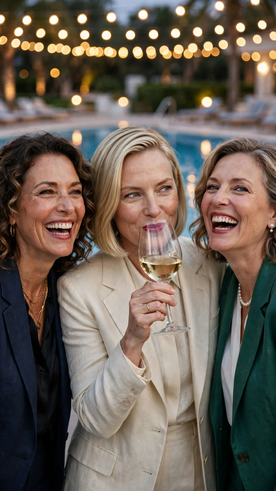 The blonde woman smirks into her wine glass, two donor women laughing with her.