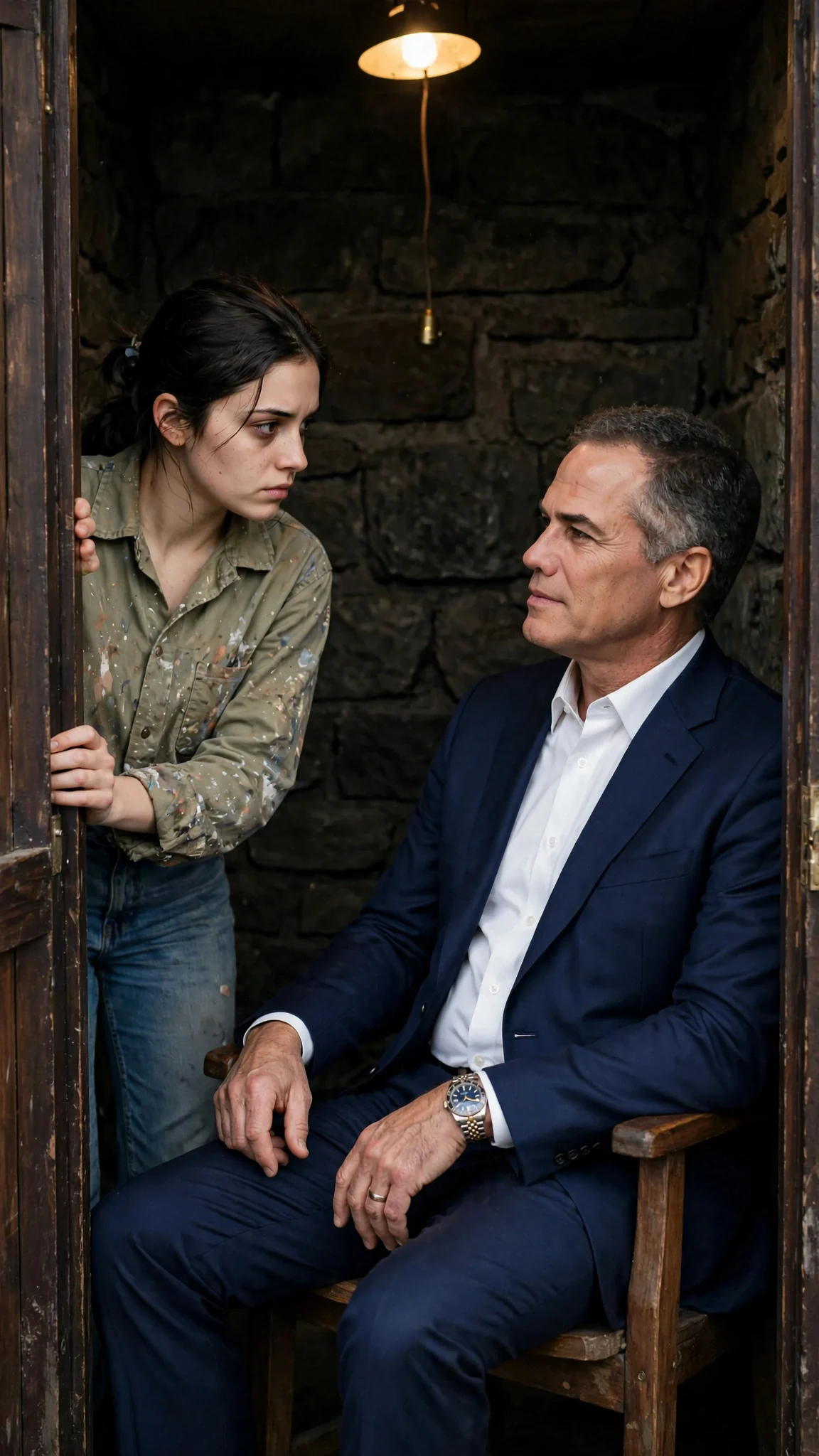 The heroine steps into a small dark booth where the older man sits in a chair.