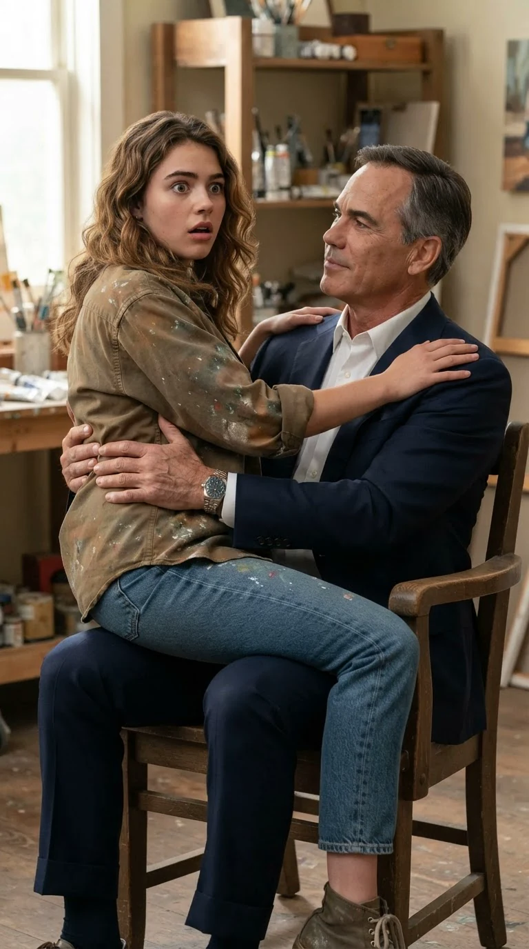 The older man pulls the heroine down onto his lap, one hand firm at her waist.