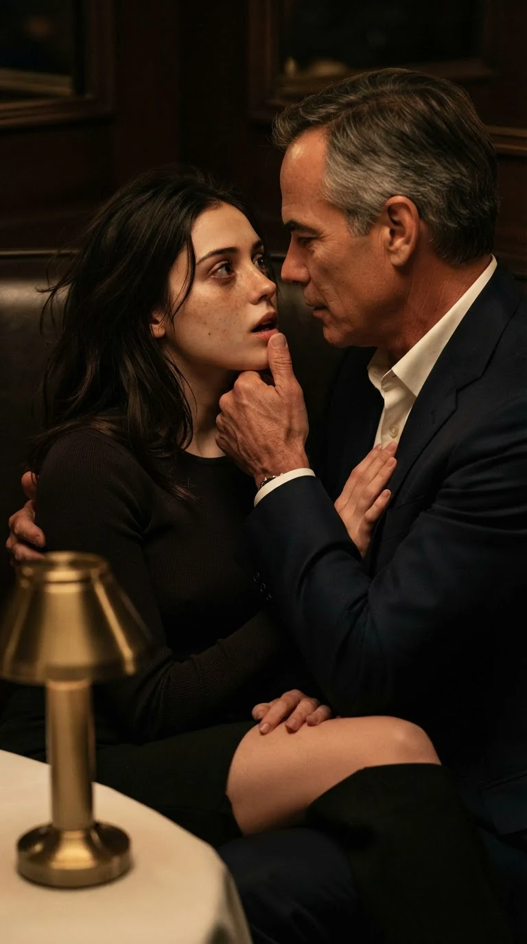 Close view of the older man's thumb at the heroine's lip, her mouth parted.