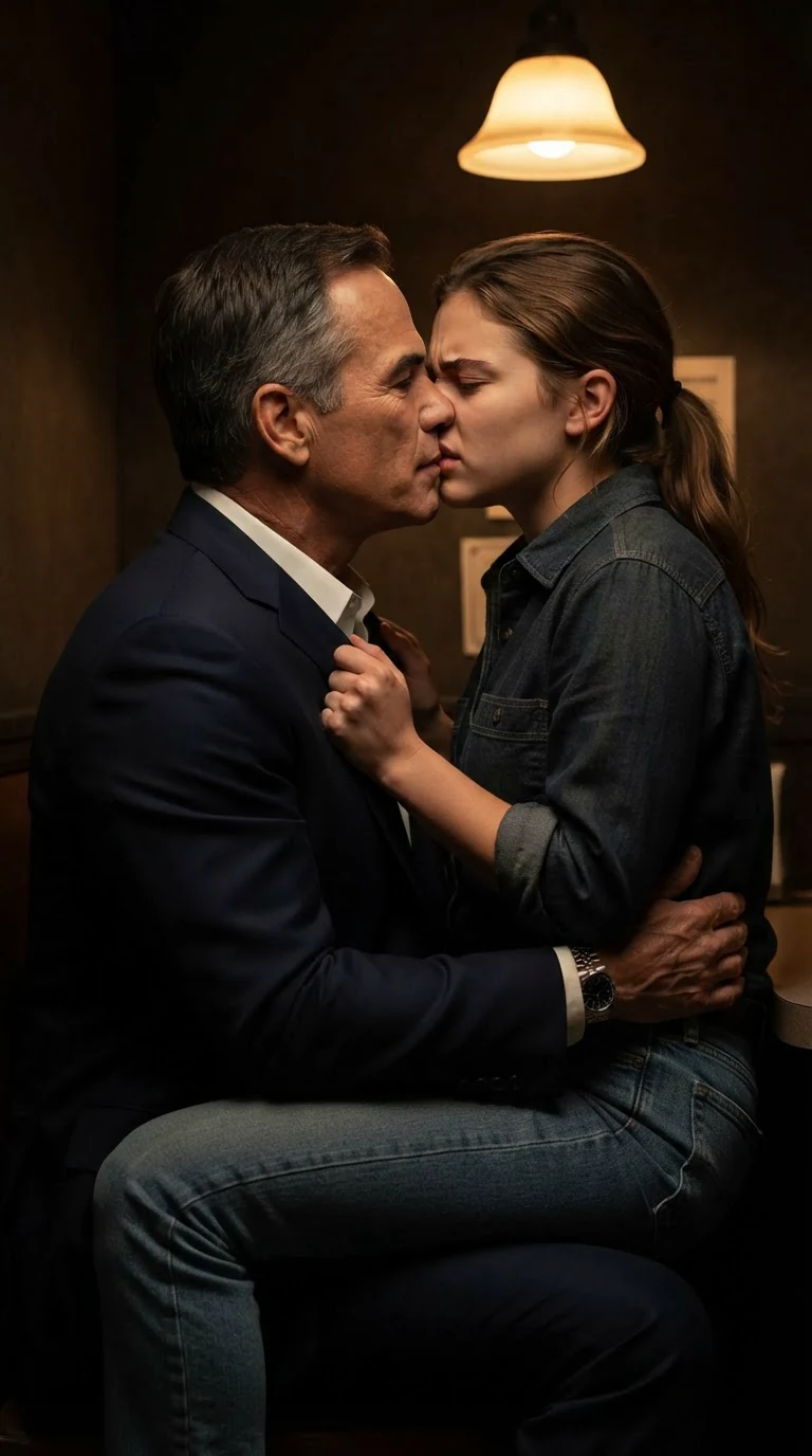 The older man kisses the heroine on the mouth while she grips his jacket.
