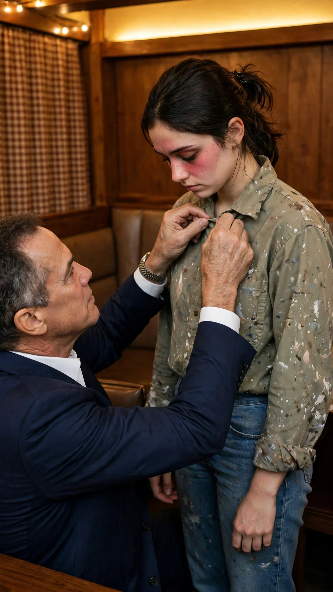 The older man straightens the heroine's collar with steady hands.
