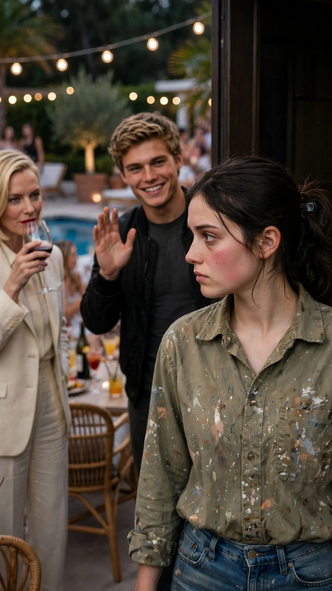 The heroine steps back into the party, where her boyfriend waves and the blonde woman watches.