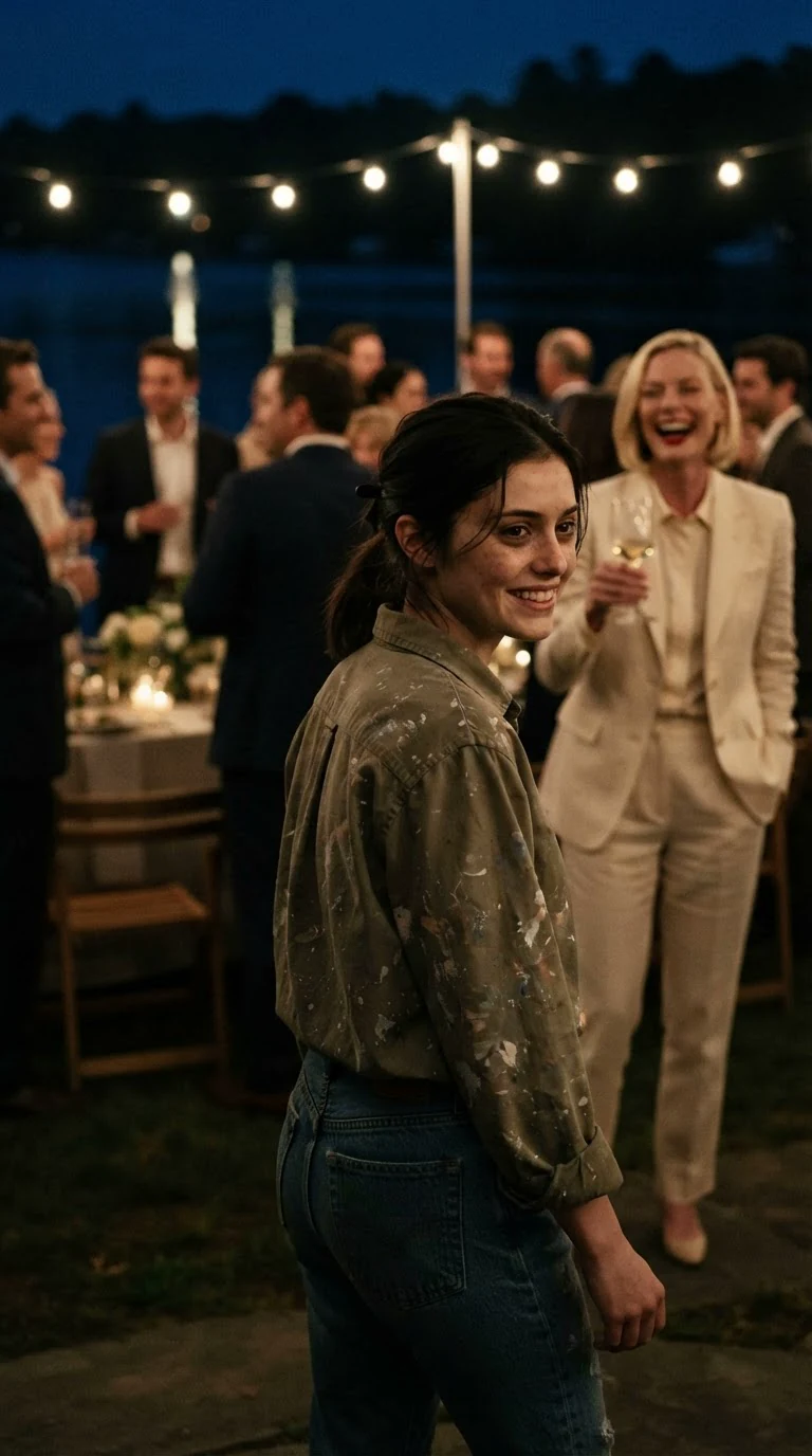 A young woman in a paint-stained work shirt walks away from a lit party, jaw tight, while a blonde woman in cream laughs behind her.