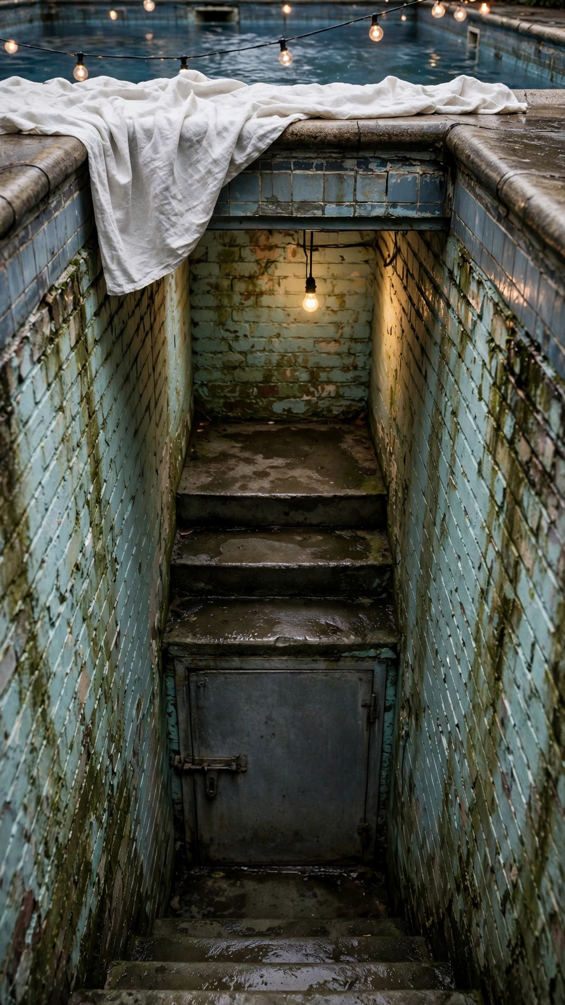 A narrow concrete stairwell going down past the lido's tiled edge, lit by one bulb.