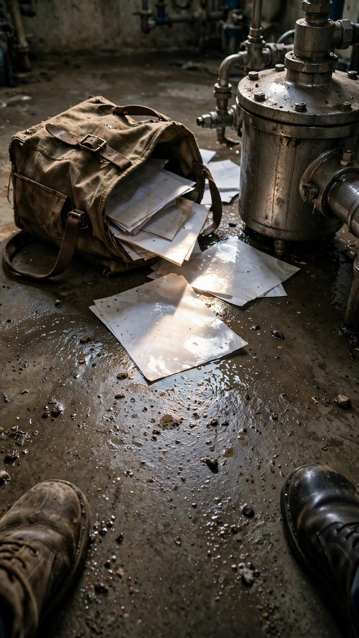 A canvas work bag tips over on wet concrete and papers slide across the floor.