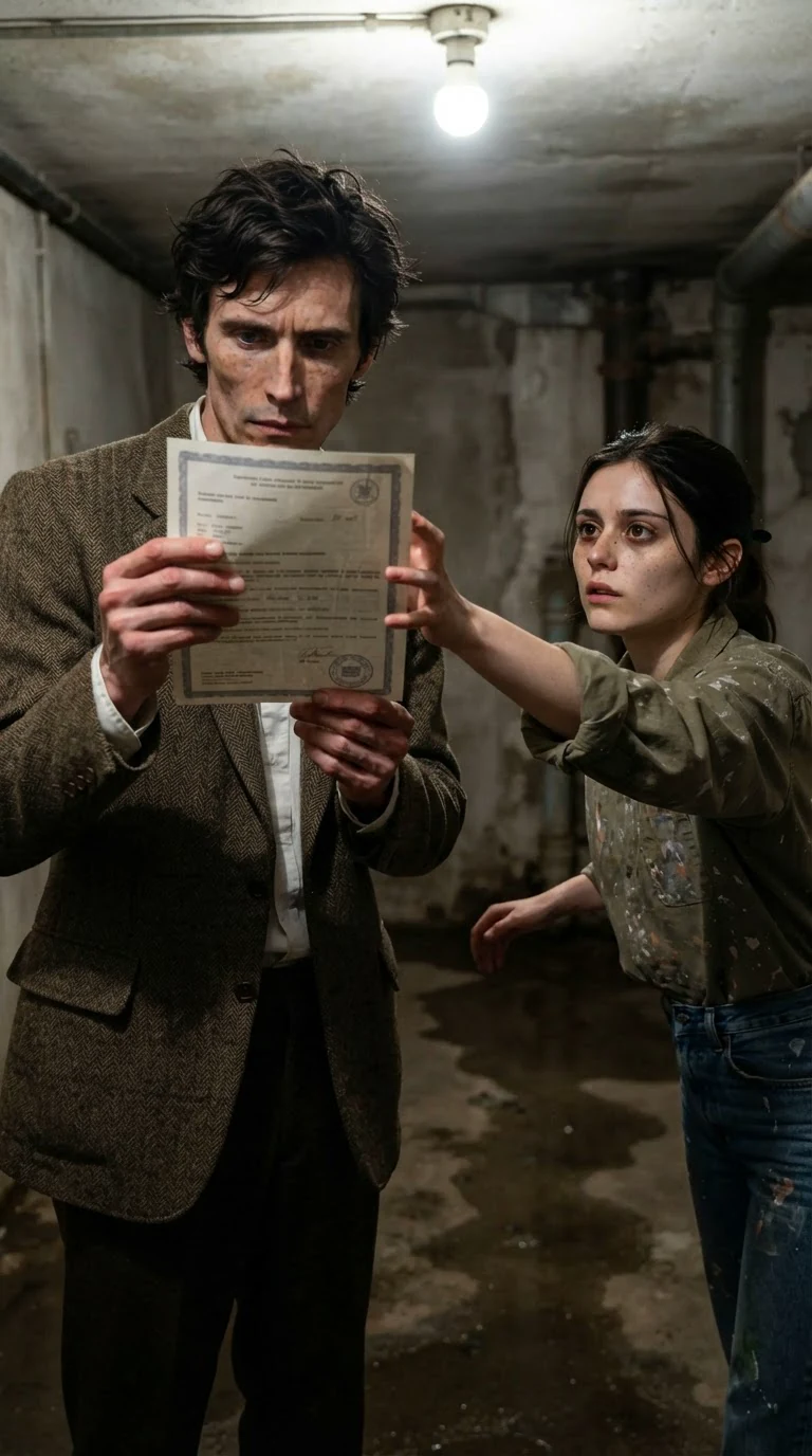 The professor holds up a certificate sheet and reads it, mouth flat, while the young woman reaches for it.