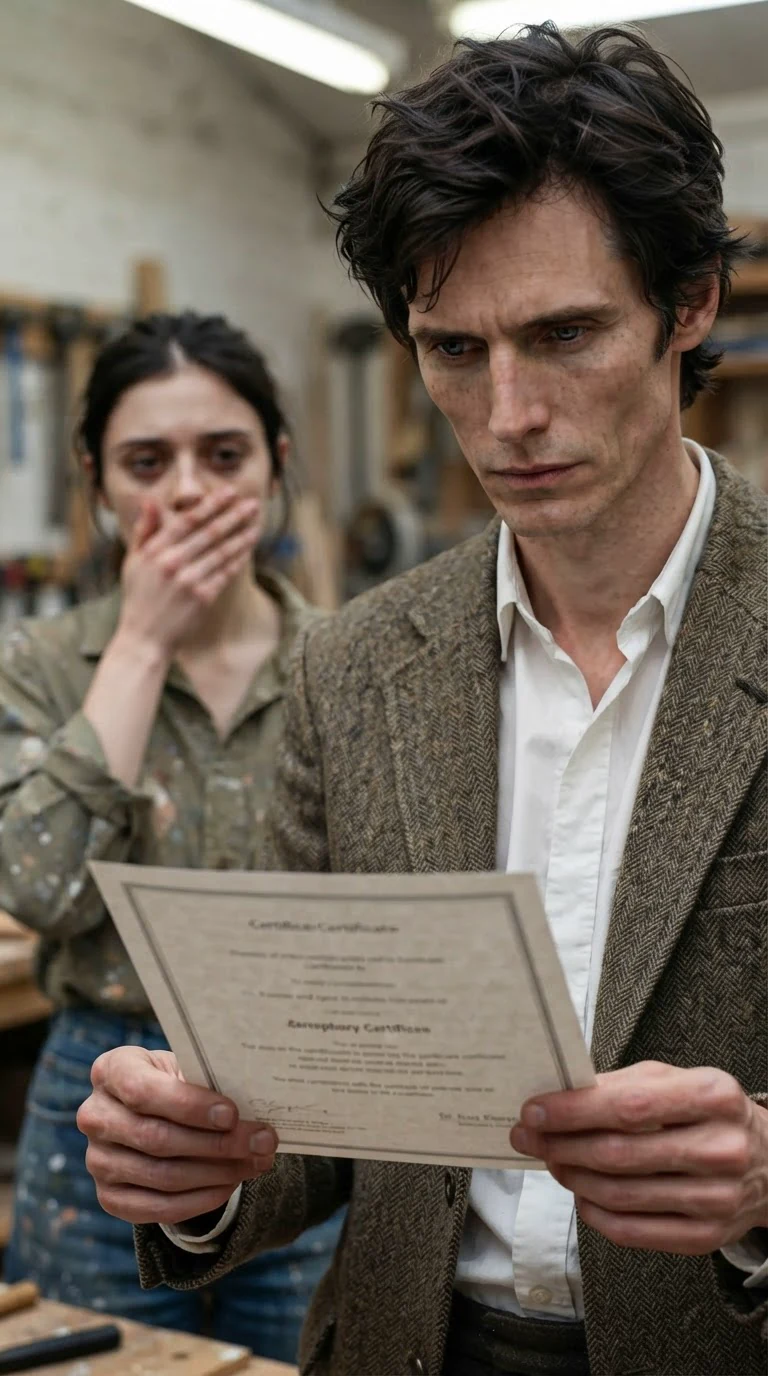 The professor stares down at the forged course certificate in his hand, disgusted.