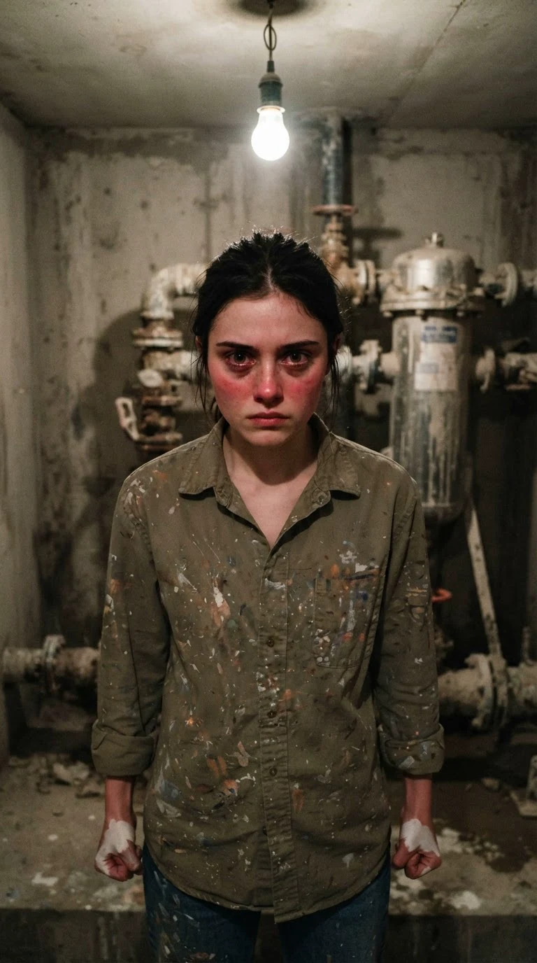 The young woman stands rigid under a hanging bulb, humiliated, chin up.